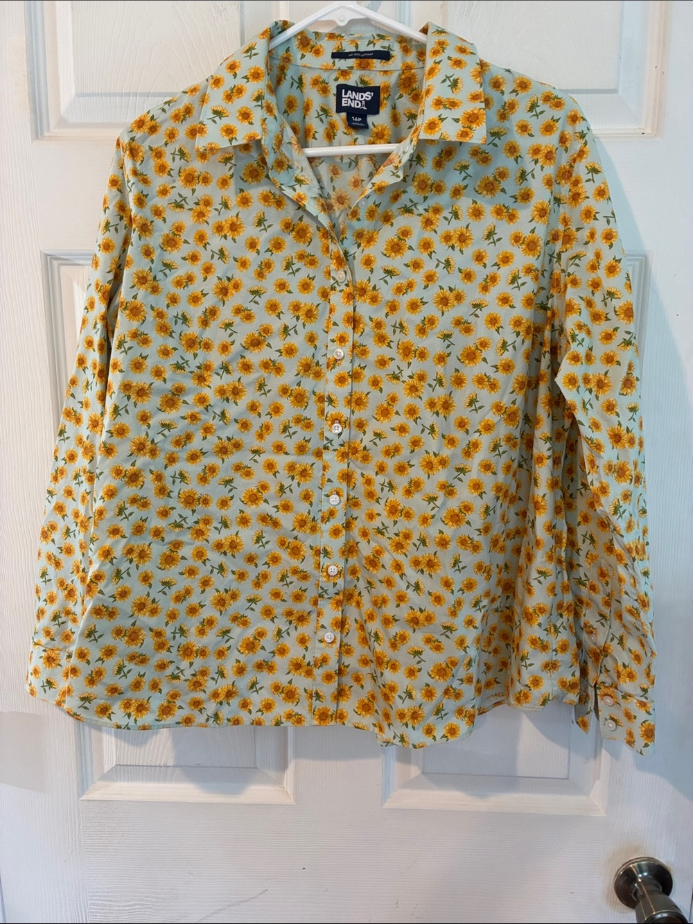 Lands' End Size 16 P Yellow Sunflower-Print Button-Down Shirt